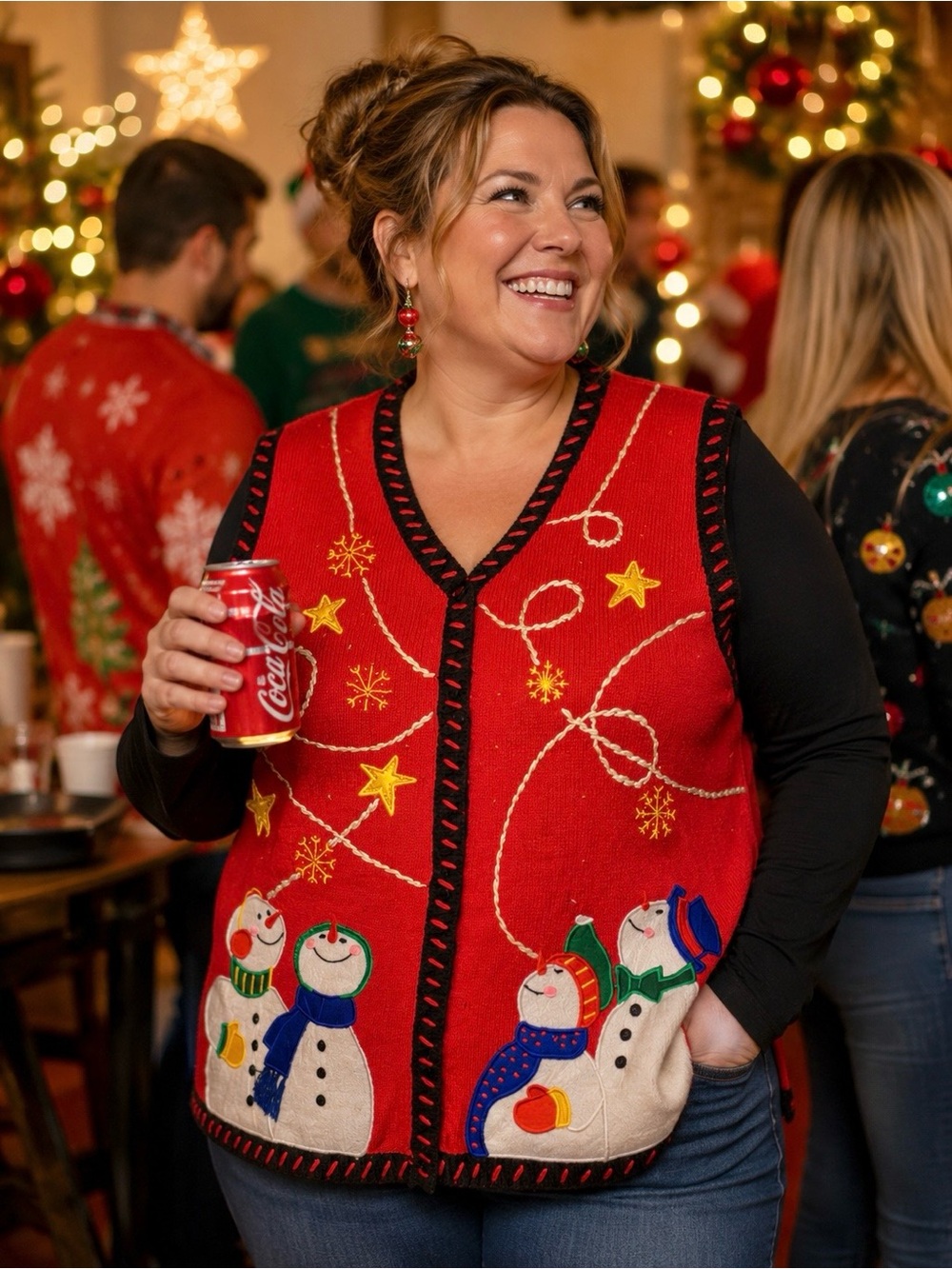 Holiday Editions Ugly Red Christmas Vest Appliquéd Snowmen Looking Up Sz 2X
